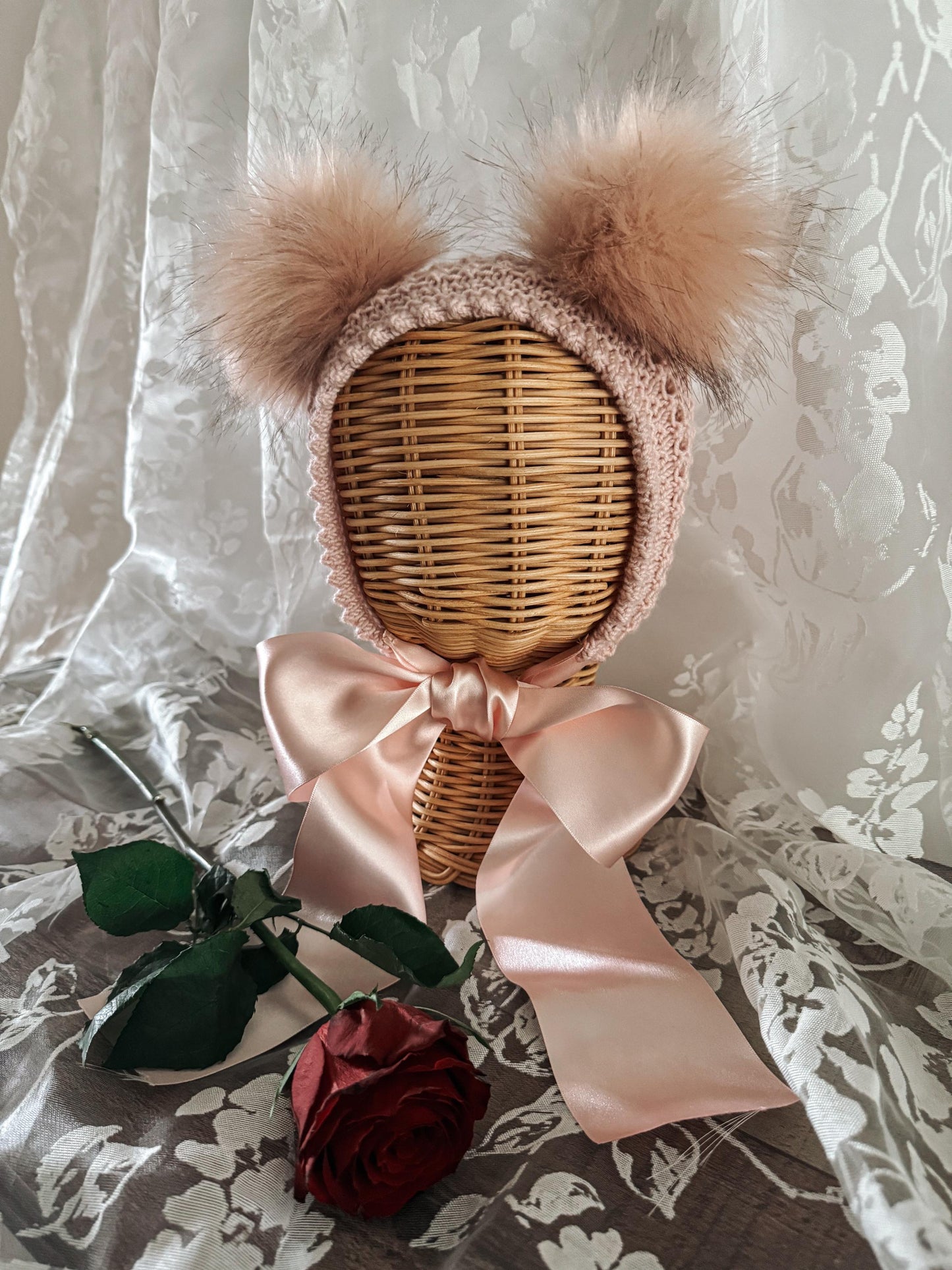 Vintage Elizabeth Bonnet / Faux Poms / Satin Ribbon