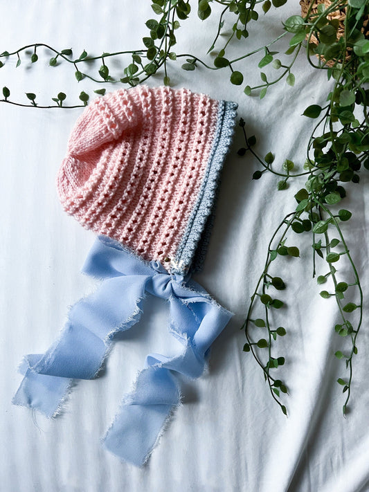 Vintage Elizabeth Bonnet / Pink And Blue / Chiffon Ties
