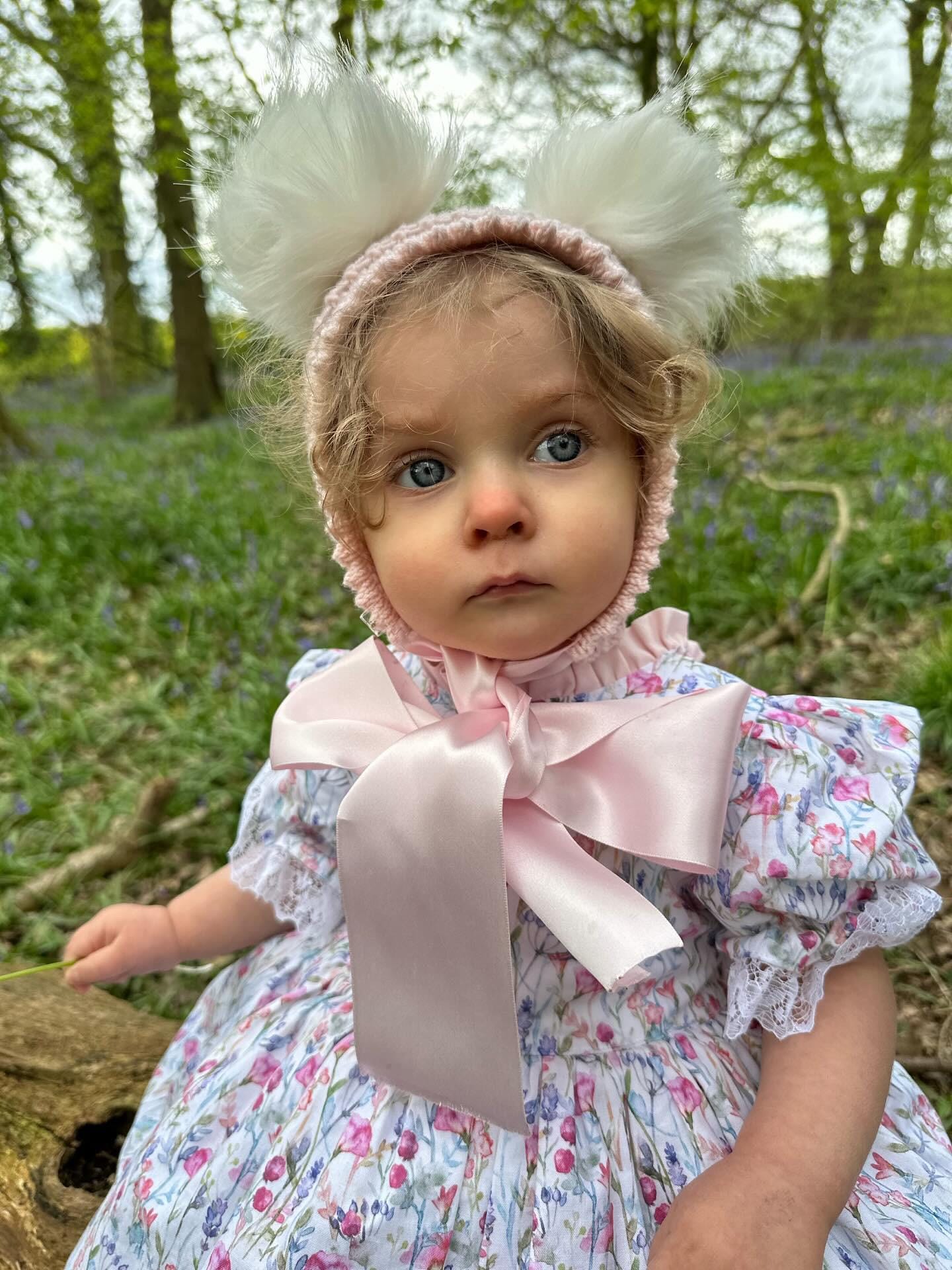 Vintage Elizabeth Bonnet / Faux Poms / Satin Ribbon