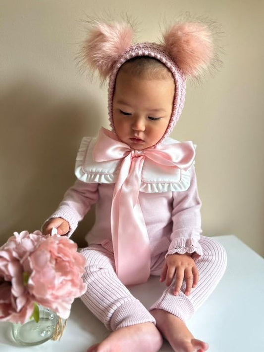 Vintage Elizabeth Bonnet / Faux Poms / Satin Ribbon