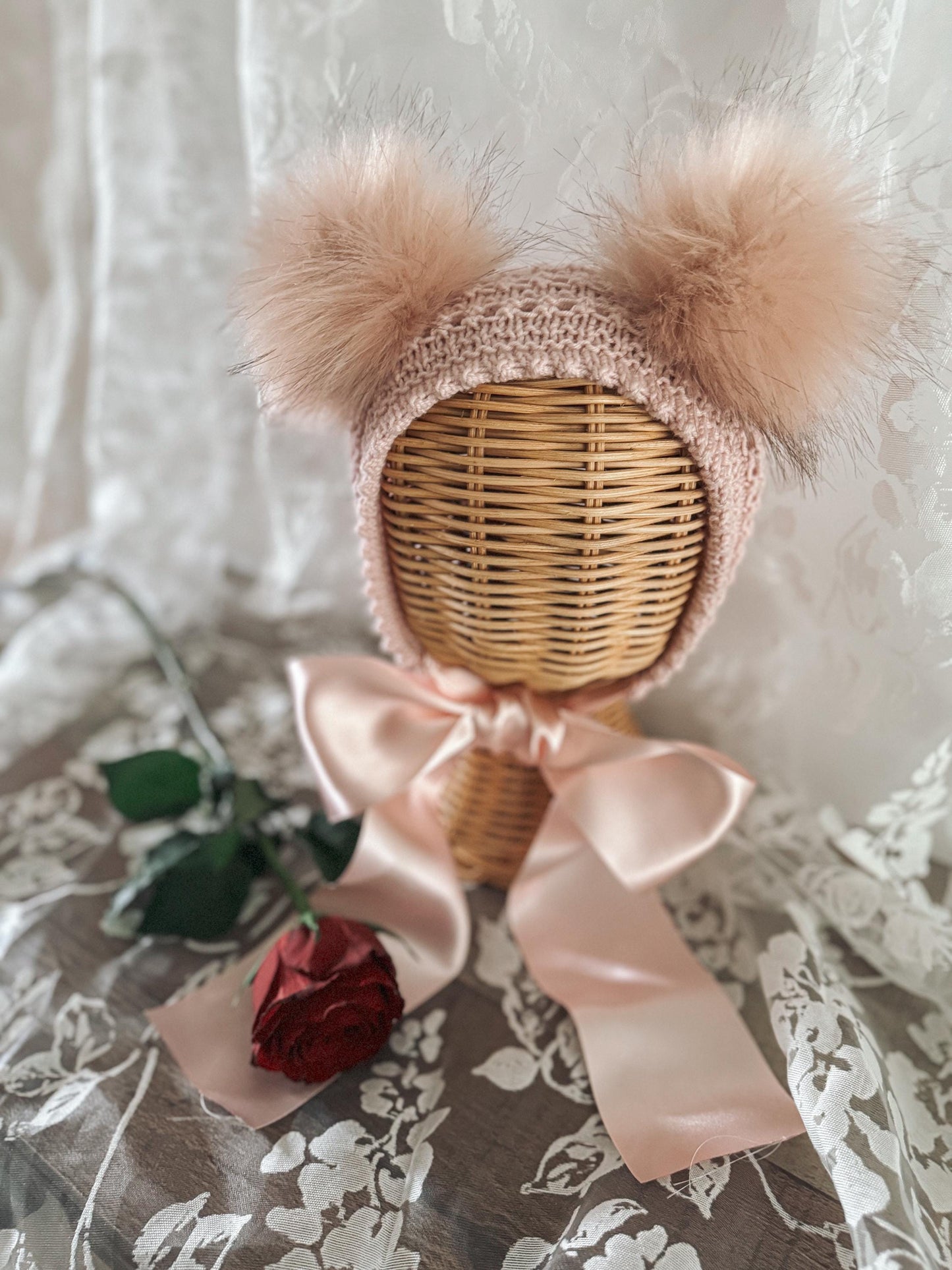 Vintage Elizabeth Bonnet / Faux Poms / Satin Ribbon